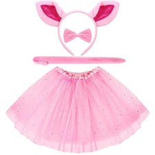 4 PCS Pig Piggy Ears Headband Tails Bow Halloween Animals Coffee 15.7 Inch