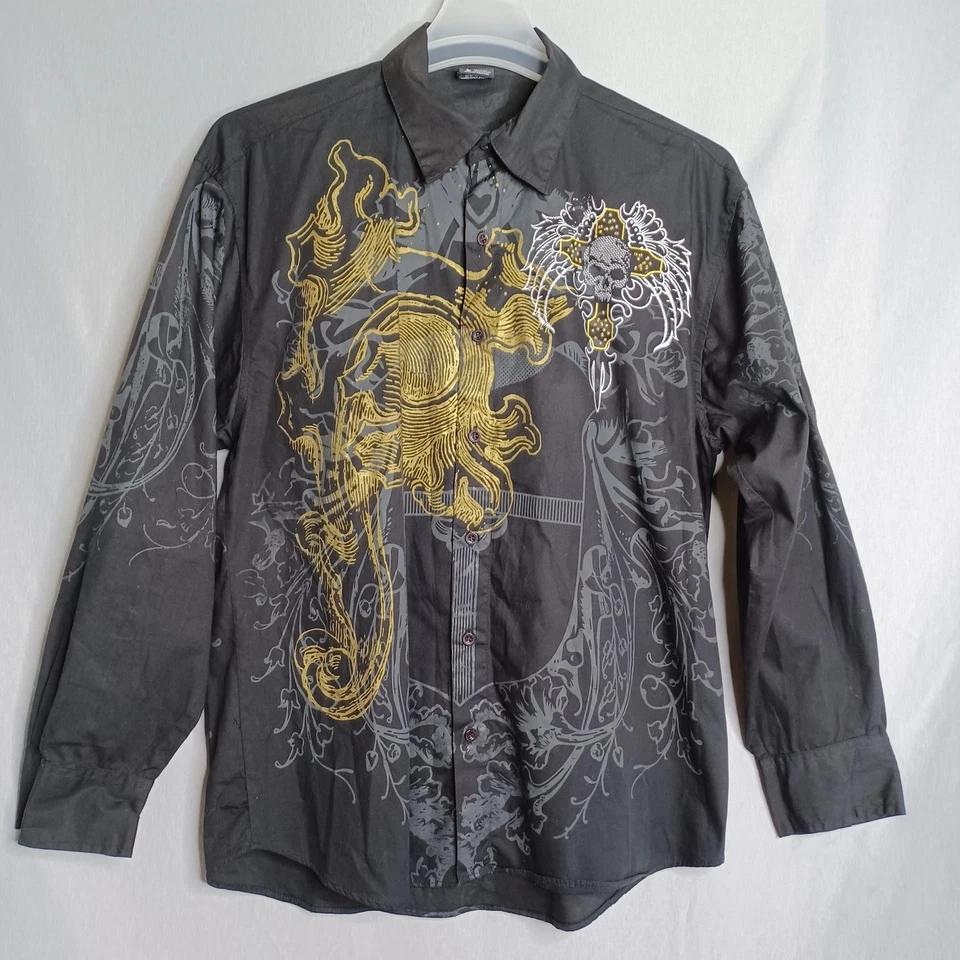 Brooklyn Xpress Shirt Mens Large Black Button Skull Cross Wings Biker Rocker - Image 2 of 4