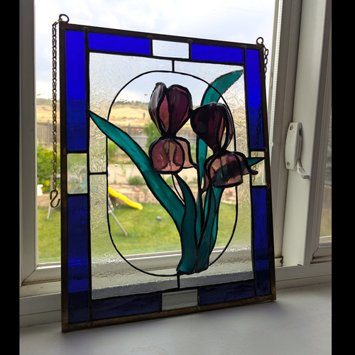 Unique 3D Iris Blooms Stained Glass Hanging Panel ~ Artist OOAK