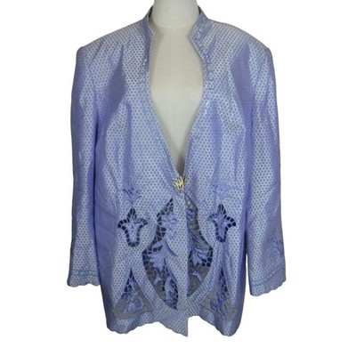 VTG.GOSPEL Womens 24W Blue Brocade Lace Trim Jacket Blazer Formal Occasion