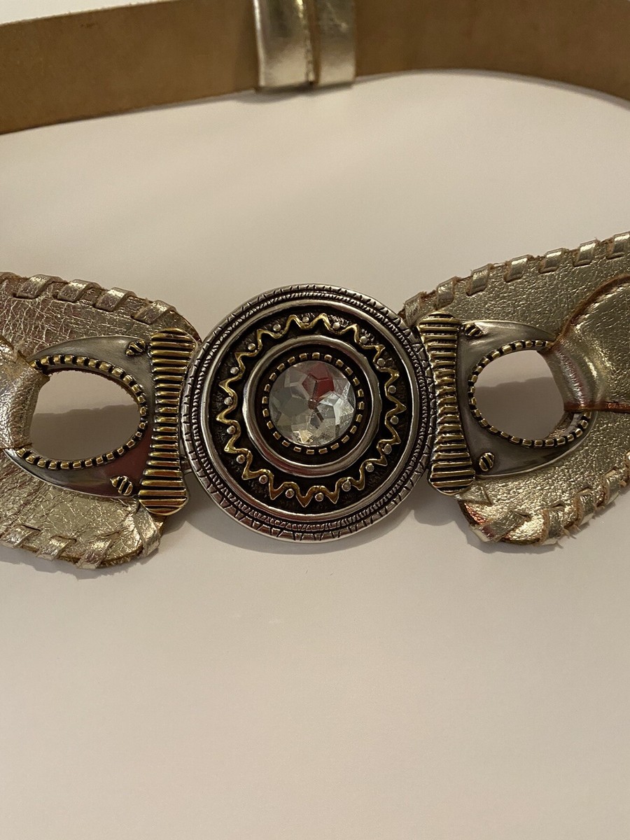 Chicos Gem Belt VTG stunning!!!! Chicos Wide Adjustable Black Leather Belt Silver Gold  main image 4