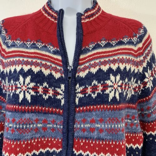 Maglione Tiara Donna Piccolo Full Zip Fair Isle Blu Rosso Cotone Rami Manica Lunga - Foto 3 di 10