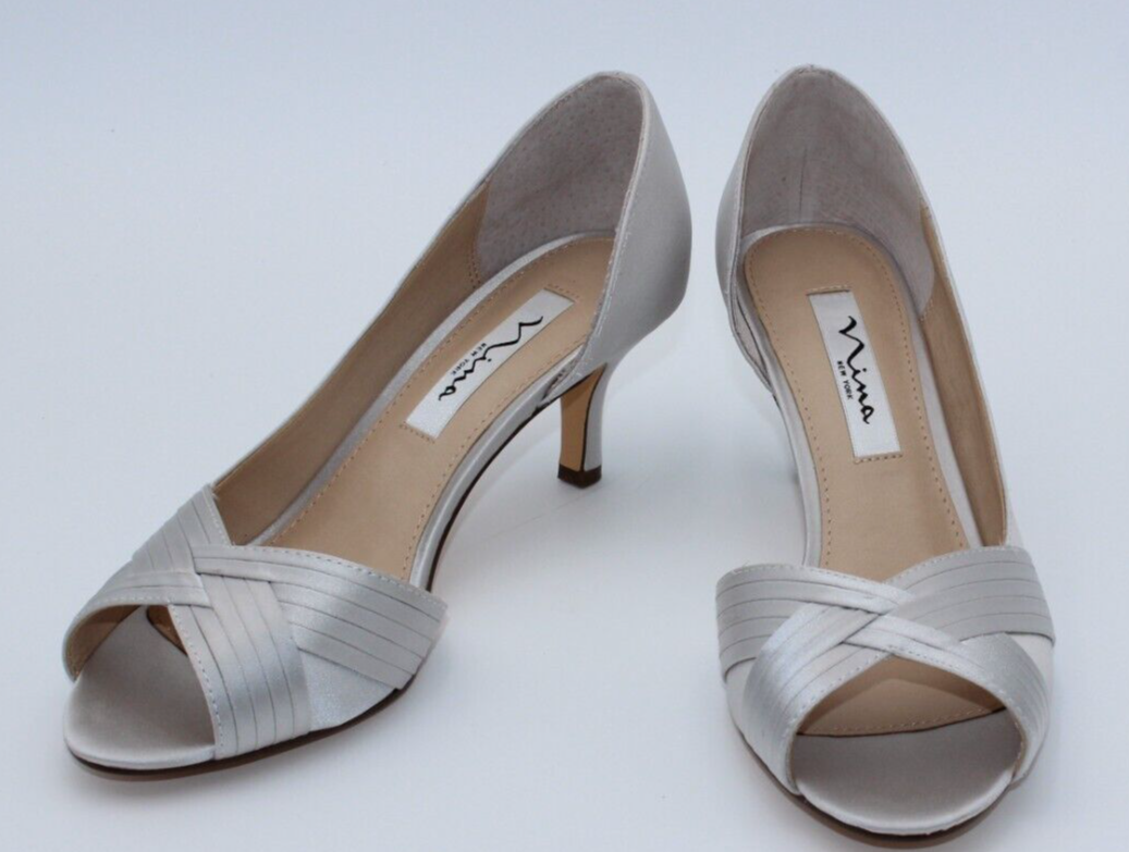 Nina Womens Silver Luster Wide Contesa Evening wedding kitten heel Pumps shoes eBay