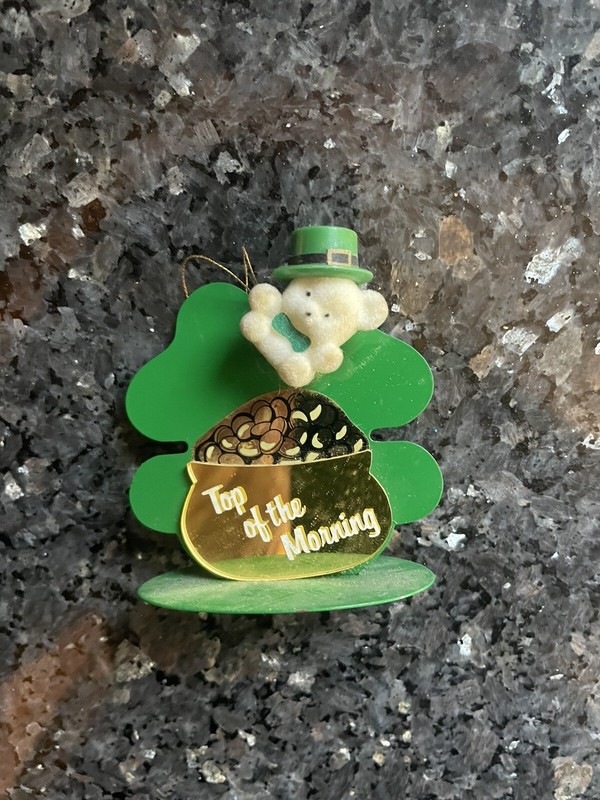Irish pot of gold shamrock shaped metal Christmas Ornament "Top of the Morning"