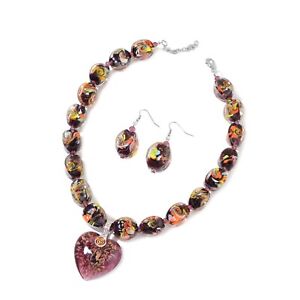 Murano Style Millefiori Glass Enameled Earrings Heart Pendant Necklace Steel 20