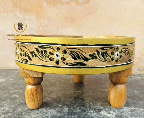 Wooden Coffee Table Hand Made Craved Round Indian Grinder Table Chakki Table Art - Picture 5 of 9