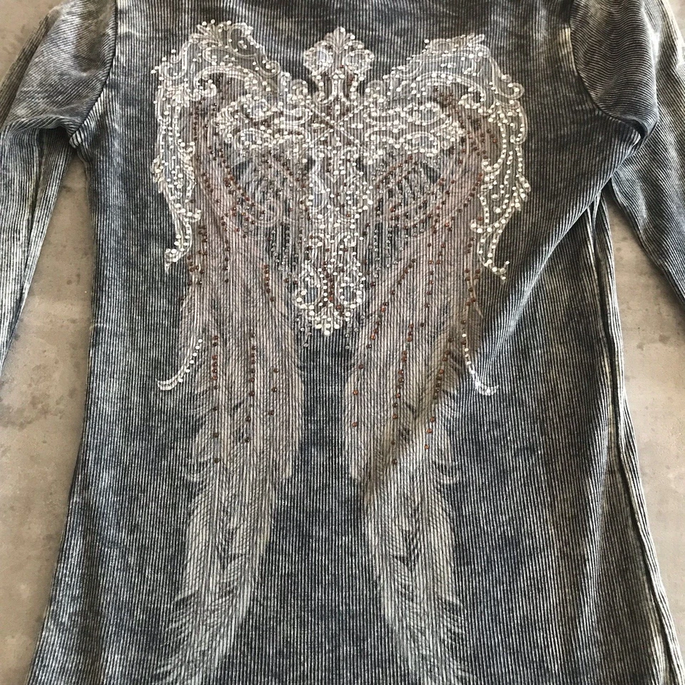 VTG Y2K Vocal Top Small Medium Cyber Grunge Biker Cross Wings Goth Fleur De Lis - Image 4 of 4