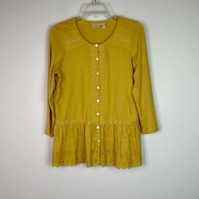 Logo Lavish Lori Goldstein Embroidered Eyelet Detail Top Gold Yellow XS