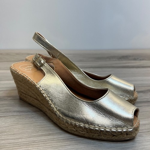 Toni Pons ETNA Leather Gold Slip On Wedge Espadrilles Sandals Tan 39 / 8
