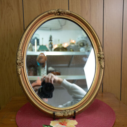 VTG Gold Mirror Plaster Chalkware Rococo Baroque Ornate Wall Mirror 16.5" x 13" - Zdjęcie 1 z 8