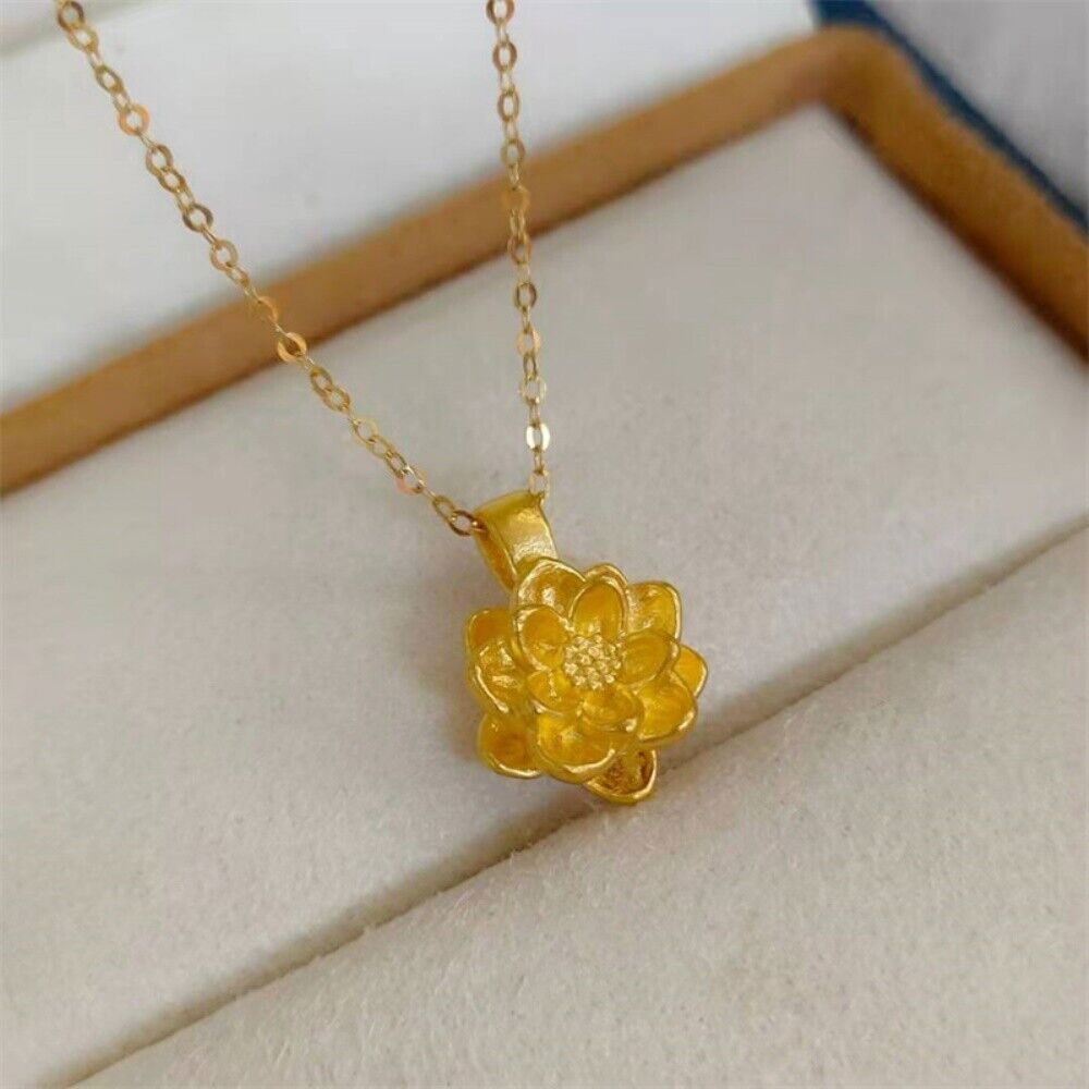 24K Yellow Gold 3D Lotus Flower Pendant 18K Yellow Gold O Chain