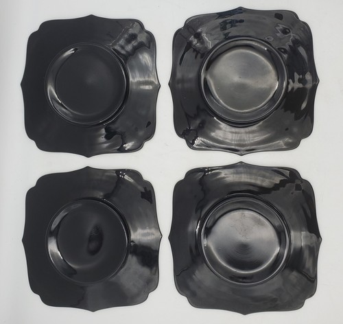 4 "New Martinsville" Black Amethyst Salad Lunch Plates Glass Fancy Square Vtg - Picture 2 of 13
