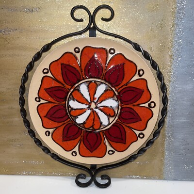 WMF MID CENTURY WROUGHT IRON FRAMED ART POTTERY ORANGE RED FLOWER POWER