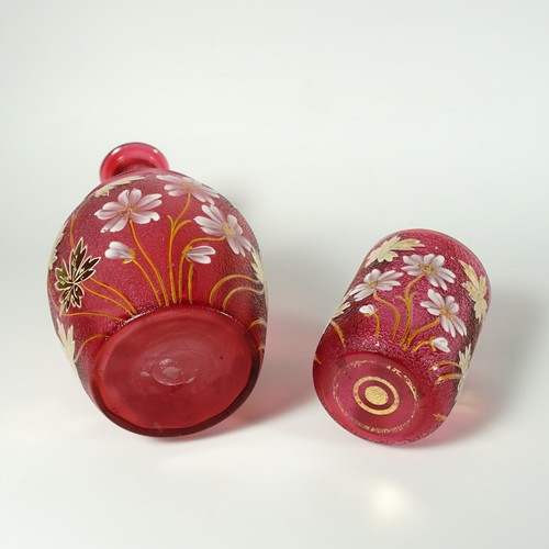Victorian Cranberry Glass Enamel Carafe Set Bedside Decanter Tumble Up Cup - Picture 7 of 7