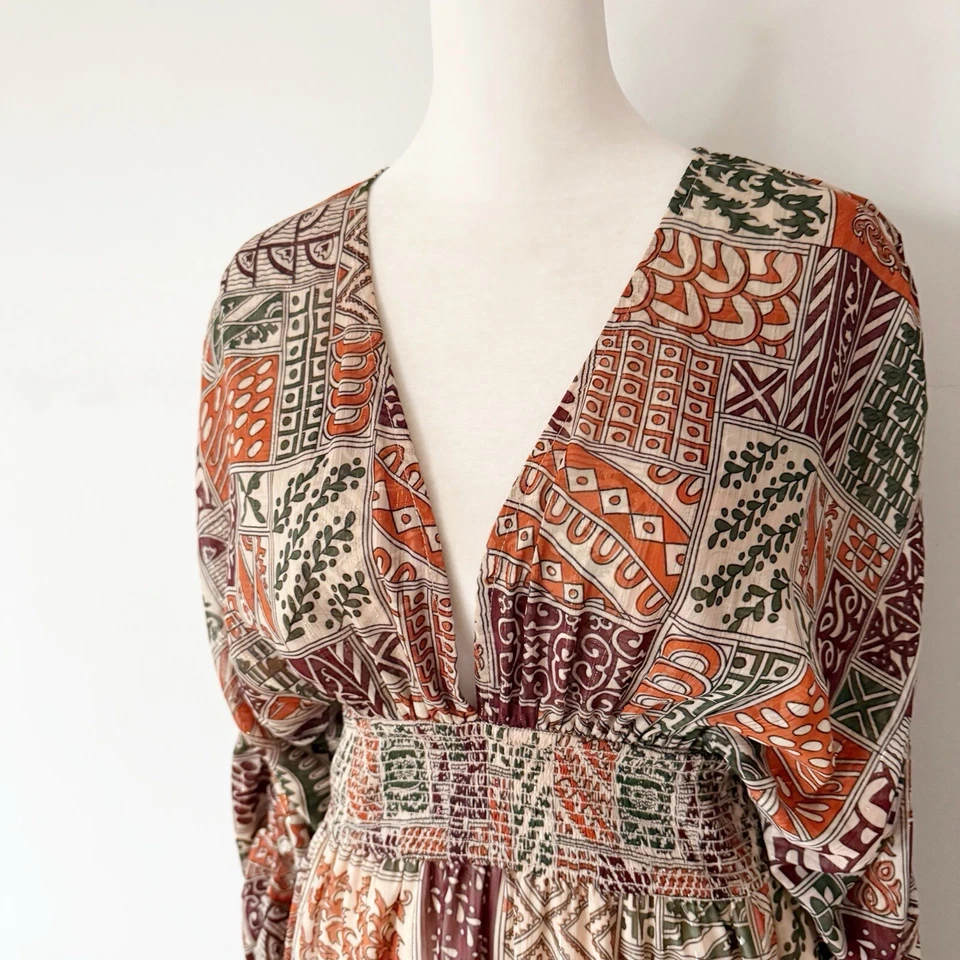 Maxi Vestido Julie Marrón Para Mujer Metálico Cuello Profundo Mediano Boho Festival Hippie Foto 2 de 4