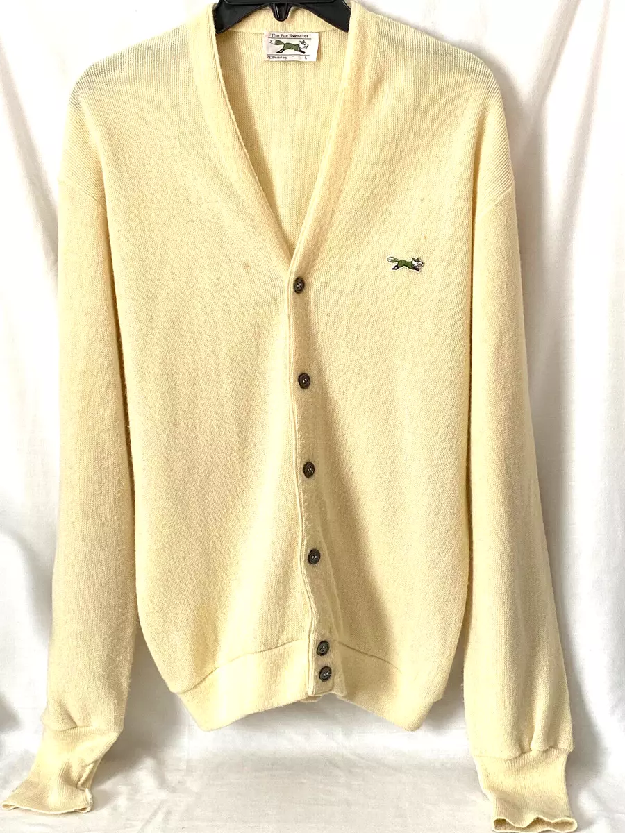 Vintage JC Penney The Fox Sweater Cardigan 70s 80s Men's Large Ivory Pale  Yellow