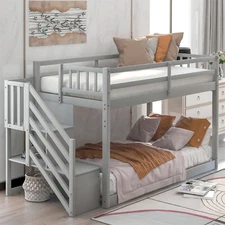Twin over Twin Low Bunk Bed Frame with Stairs and Guardrail for Kids Bedroom