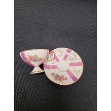 Vintage Miniature Footed Teacup and Saucer Set Purple Floral Gold Gilt Porcelain
