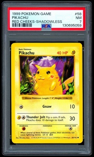 1999 Pokemon RED CHEEKS PIKACHU Base Set SHADOWLESS Error Card 58/102 Rare PSA 7