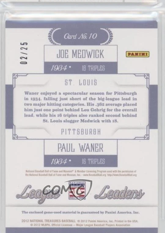 2012 National Treasures League Leaders Combos /25 Joe Medwick Paul Waner #10 HOF - Image 2 of 2