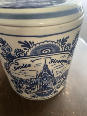 Vintage Delft Blauw Hand Painted Jar With Lid  Circa Mid 20th Century