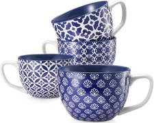 DOWAN Coffee Mugs Set of 4, 24 oz Large Mugs, Jumbo Soup Vintage Blue 