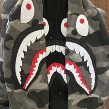 A Bathing Ape Shark Camouflage Full Zip Fleece Hoodie Gray Black Red Size L
