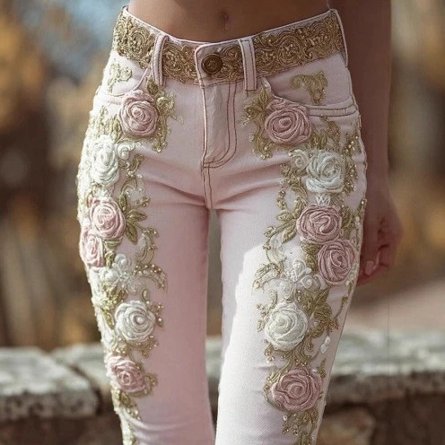 Jeans feminino retrô rosa bordado estampado artístico elegante - Imagem 3 de 4