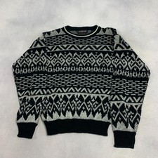 Vintage Abstract Knitted Jumper Patterned Grandad Chunky Knit Sweater Men's M