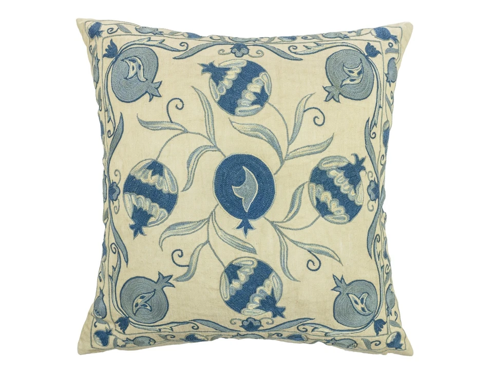 Decorative Blue Suzani Pillow 20x20 in – Handmade Silk – Soft Coastal Home - Image 2 of 4
