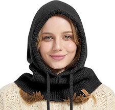 100 Merino Wool Balaclava for Women  Men Winter Warm Knit Hooded Scarf Black