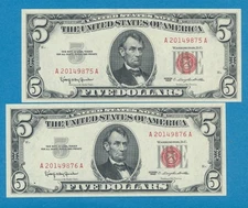 2-$5.00 1963 CONSECUTIVE  LEGAL TENDER RED SEALS GEM NEW PAIR