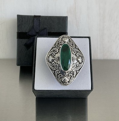 Huge Artisan Crafted Forest Green Quartz Ring Oxidized 925 Sterling Silver SZ 7