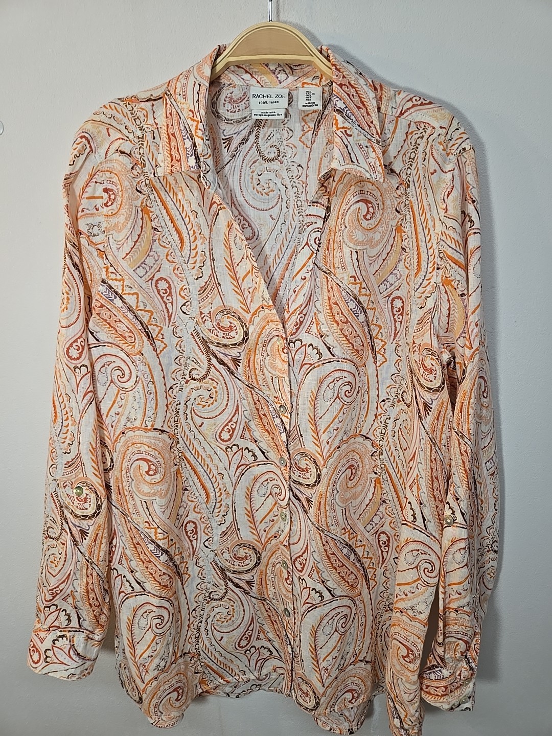 Rachel Zoe 100% Linen Button Down Shirt Blouse Size L Roll Tab Sleeve Paisley