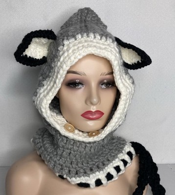 Adult Oversized Knit Crochet Hat Hood Cowl Scarf Animal Ears PIXIE Handmade Grey