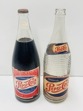 LOT OF 2: VTG SPARKLING PEPSI-COLA EMB & TEXTURED DECO DURAGLAS/GLASER BOTTLES