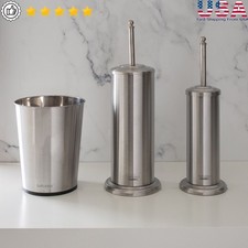 3 Piece Stainless Steel Bathroom Set Trash Can Toilet Brush Plunger Wastebasket