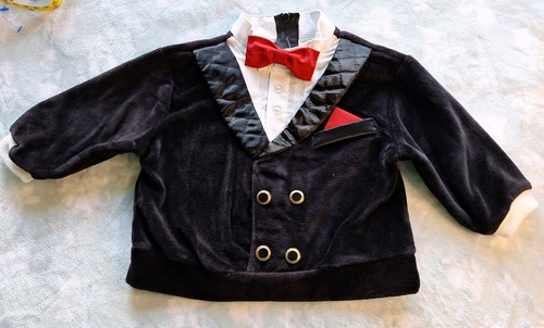 Vintage 1980s Velour Baby Boy's Faux Tuxedo 6-9 Months Black, White, Red Bowtie