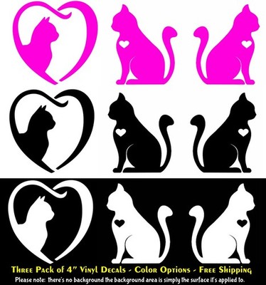 Cat Love Heart 3 Pack 4'' Vinyl Decals Car Windows Laptop Tablet Mirror Notebook