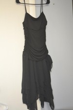 Black Crepe Ruby sz.M Dress Gown Prom Cocktail Spaghetti Strap Hanky Hem Rouched