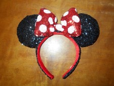 Disney Parks Minnie Mouse Black Sequin Red White Polka Dot Bow Ears Headband