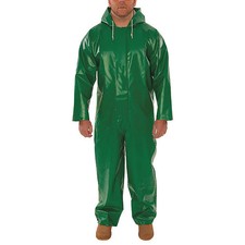 Flame Resistant Coverall Rain Suit, PVC, 17 mil Thick, Attached Hood, Green, M