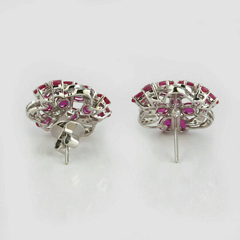 3Ct Oval Cut Pink Ruby & Diamond Flower Stud Earrings 14K White Gold Finish - Image 2 of 4