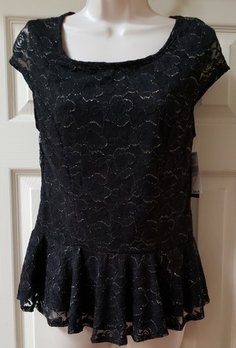 IZ BYER Women’s Black Lace Ruffles Waist Short Sleeve Blouse Top Size L