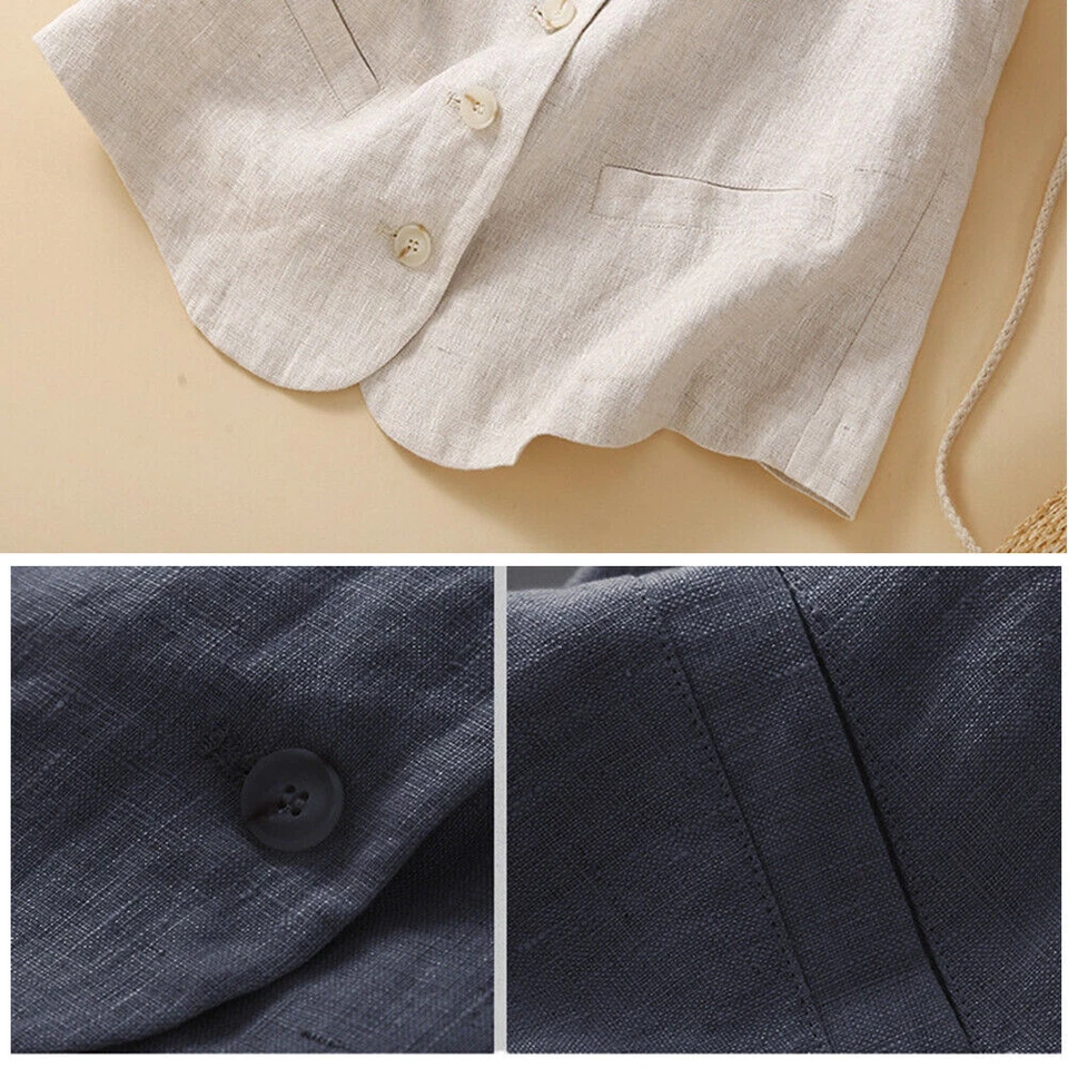Women's Linen Sleeveless Vest Loose V Neck Waistcoat Casual Jacket - Image 3 of 4