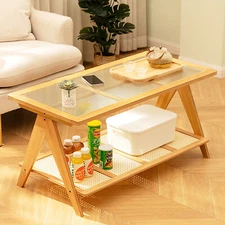 Living Room Coffee Table Glass Tabletop Modern Side Table with Lower Shelf Home