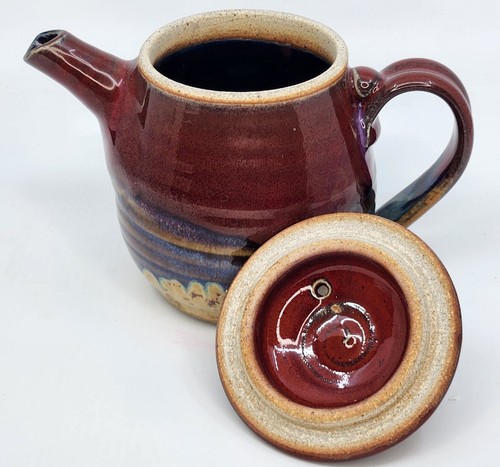 St. Jacobs Ontario Art Pottery Stoneware Teapot Tall Blues Browns Signed 5.5" - Picture 3 of 5