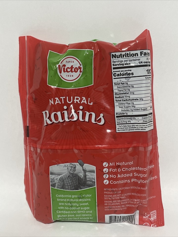 Lot of 2 Bags, Victor Natural California Seedless Raisins, 15 Oz Each