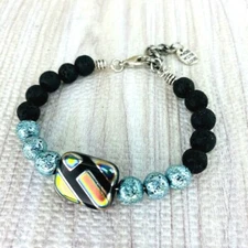 Electroplated Glass Bracelet Silver Tone Metallic  Black Lava Boho Handmade 