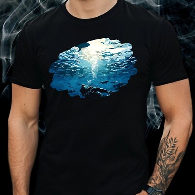 Mens Scuba Diving Shark Print Cotton T-Shirt Size S to 5XL